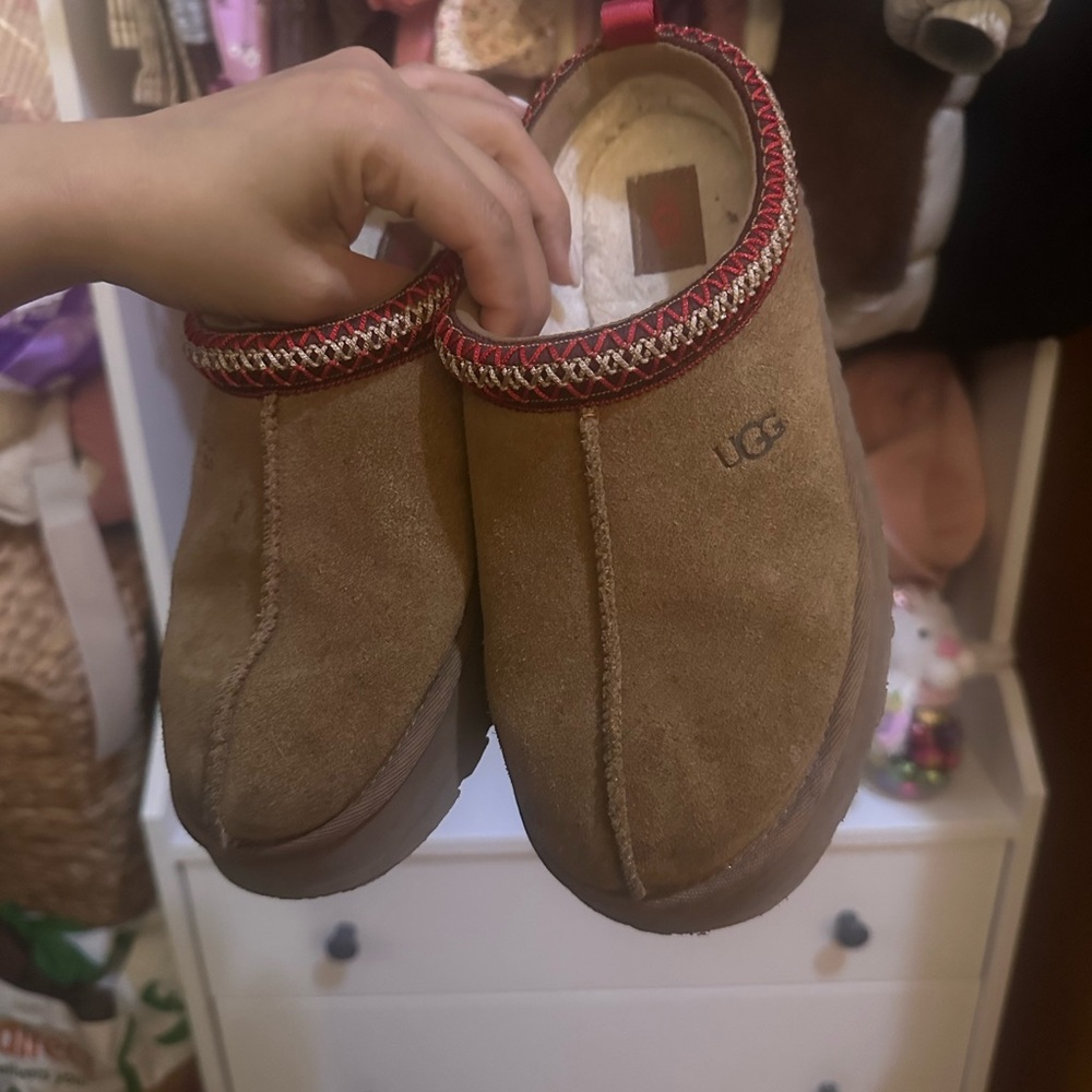 UGG Chestnut/Tan Suede Shearling-Lined Clog Mules with Red Trim